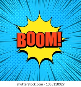 Comic page elegant blue concept with red Boom wording yellow speech bubble diagonal dotted and rays effects. Vector illustration