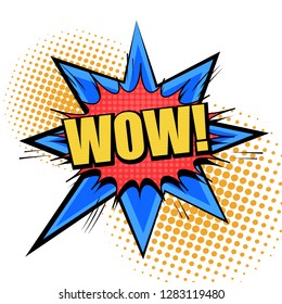 Comic page elegant bright concept with Wow inscription yellow and blue speech bubble and star halftone effects on white background. Vector illustration