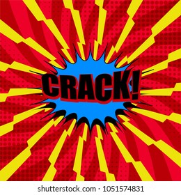 Comic page elegant poster with black Crack wording blue speech bubble dotted yellow spiral lightnings and radial humor effects on red background. Vector illustration