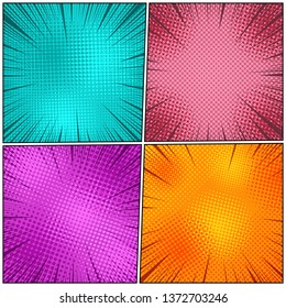 Comic page explosive composition with halftone and rays humor effects in bright colors. Vector illustration