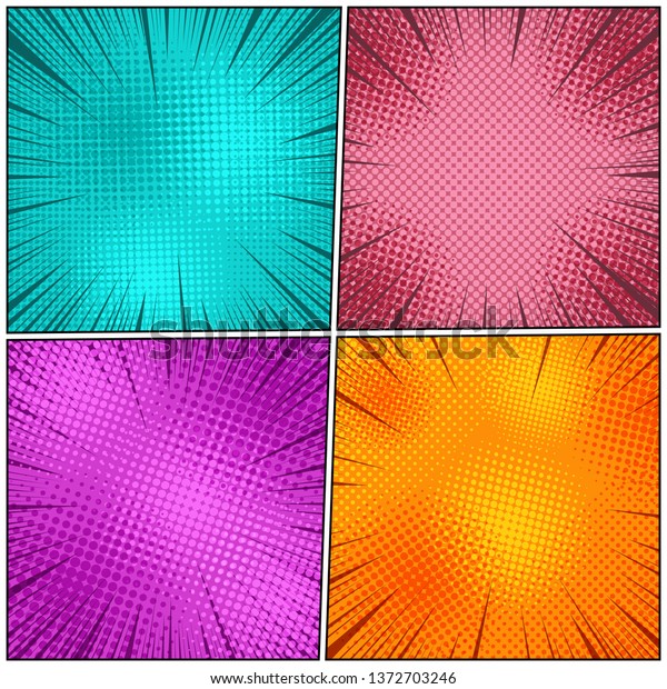 Comic page explosive\
composition with halftone and rays humor effects in bright colors.\
Vector illustration