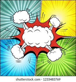 Comic page explosive concept with blank white speech bubble clouds halftone dotted radial and rays effects in pop-art style. Vector illustration