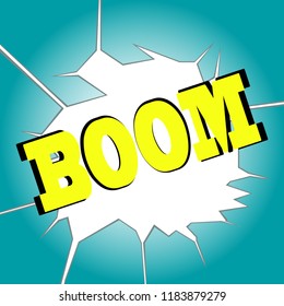 Comic page explosive concept with yellow Boom. Colored pop art style sound effect. Flat design, vector.