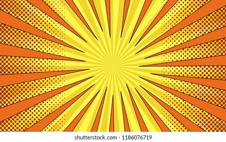 Comic page explosive dynamic yellow template with radial halftone and rays humor effects. Vector illustration