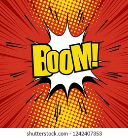 Comic page explosive red concept with yellow Boom wording white speech bubble dotted and rays effects. Vector illustration