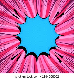 Comic page explosive template with blank blue speech bubble sound halftone rays and radial humor effects on blue background. Vector illustration