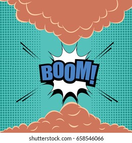 Comic page explosive template with blue Boom word, white speech bubble, smoke clouds, sound and halftone effects on turquoise background. Vector illustration