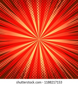 Comic page explosive template with dynamic rays radial and halftone effects in red colors. Vector illustration