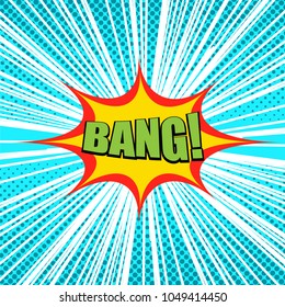 Comic page explosive template with green Bang wording colorful speech bubbles dotted and rays humor effects. Vector illustration