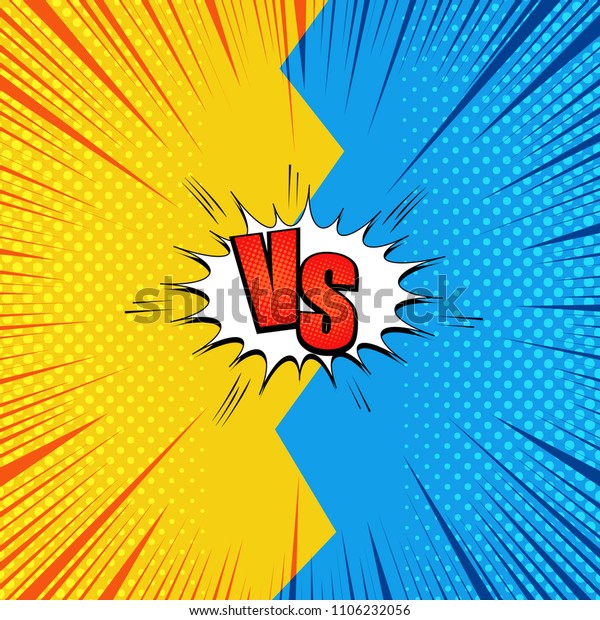Comic page fight background with red VS\
letters two opposite blue and yellow sides rays halftone humor\
effects. Vector\
illustration