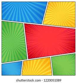 Comic page frame. Funny superhero comics book empty pages with radial lines or stripes background, strip funny different pop page composition dialog banner vector template
