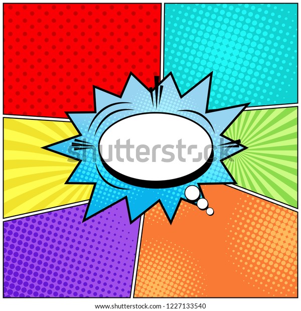 Comic page funny template with blue and\
white speech bubbles different humor effects colorful backgrounds.\
Vector illustration