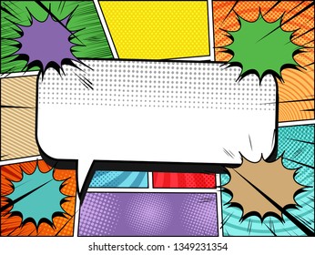 Comic page great template with white rectangular speech bubble colorful clouds explosive black rays and different humor effects. Vector illustration