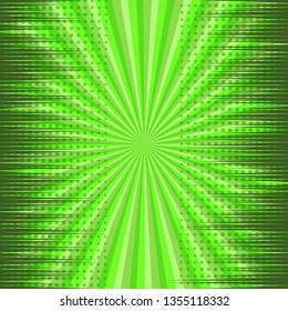 Comic page green explosive dynamic concept with rays radial halftone effects. Vector illustration