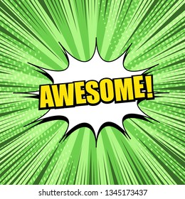 Comic page green template with yellow awesome wording white speech bubble halftone radial rays effects. Vector illustration