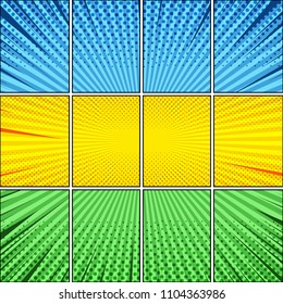 Comic page horizontal composition with blue yellow green scenes radial rays and halftone humor effects. Vector illustration