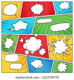 Comic page layout. Funny comics striped scrapbook page with smoke clouds and speech bubbles or explosion empty comic superhero bubble dialog scene retro cartoon background vector layout template svg