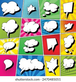 Comic page layout. Funny comics striped scrapbook page with smoke clouds and speech bubbles or explosion empty comic superhero bubble dialog scene retro cartoon background vector layout template