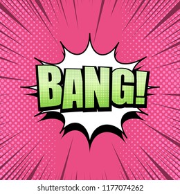 Comic page light concept with green Bang inscription white speech bubble halftone and rays humor effects. Vector illustration