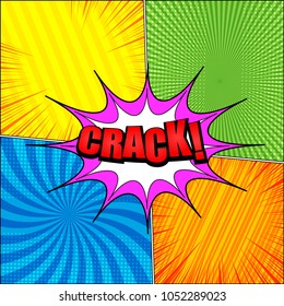 Comic page light concept with red Crack inscription pink and white speech bubbles colorful backgrounds. Vector illustration