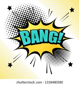 Comic page light template with Bang wording yellow speech bubble stars sound halftone effects on white background. Vector illustration