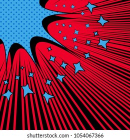 Comic page light template with blue speech bubble stars halftone black rays humor effects on red background. Vector illustration