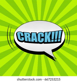 Comic page light template with blue Crack word, white speech bubble, sound and halftone effects on dotted radial green background. Vector illustration
