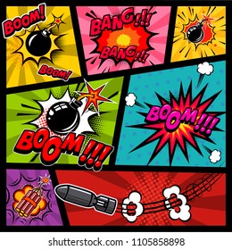 Comic page mockup with color background. Bomb, dynamite, explosions. Design element for poster, card, print, banner, flyer. Vector image
