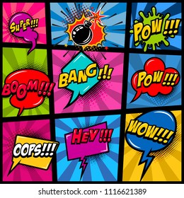 Comic page mockup with color background. pop art speech bubbles. Design element for poster, card, print, banner, flyer. Vector image