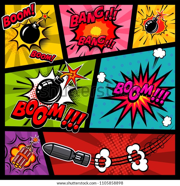 色の背景にコミックページ 爆弾 ダイナマイト 爆発 ポスター カード 印刷 バナー チラシのデザインエレメント ベクター画像 のベクター画像素材 ロイヤリティフリー