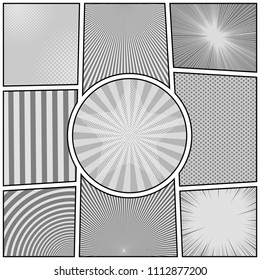 Comic page monochrome background with radial dotted circles striped rays humor effects and halftone star shape in center. Vector illustration