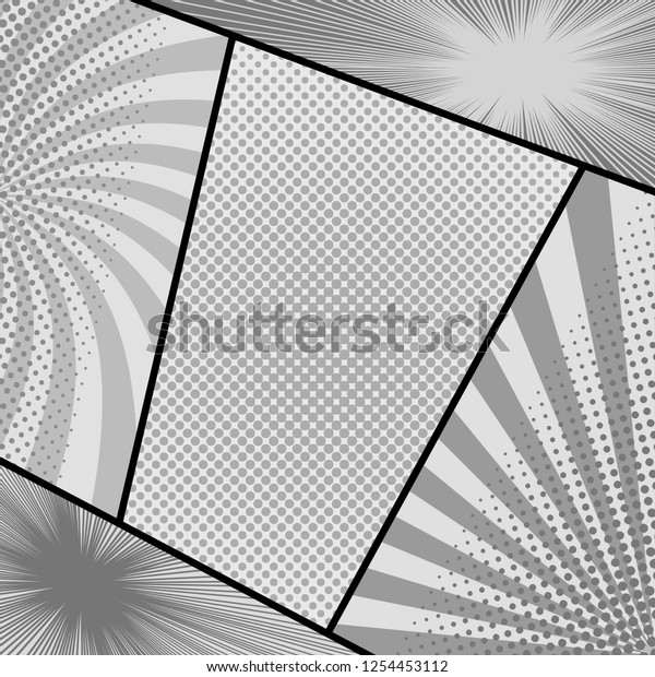 Comic page monochrome\
composition with gray halftone rays and radial humor effects.\
Vector illustration