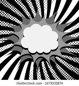 Comic page monochrome concept with blank speech bubbles and clouds black radial and halftone effects. Vector illustration