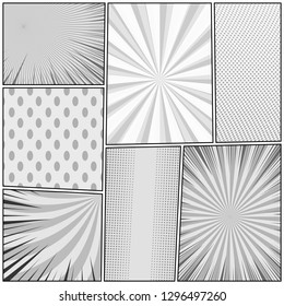 Comic page monochrome concept with different humor effects in gray colors. Vector illustration