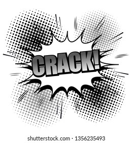 Comic page monochrome design template with Crack inscription white speech bubble sound and halftone effects. Vector illustration