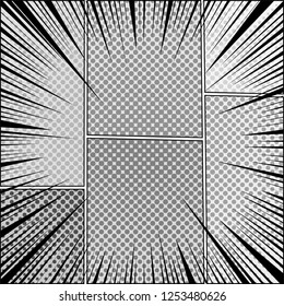 Comic page monochrome style background with gray halftone and black rays humor effects. Vector illustration