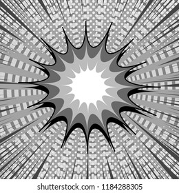 Comic page monochrome template with blank speech cloud halftone rays circles and radial humor effects. Vector illustration