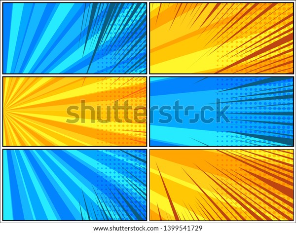Comic page motion composition with dynamic\
radial rays and halftone humor effects in blue and yellow colors.\
Vector illustration