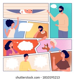 Comic page. Comunicación de la gente, diseño de afiches de historietas. Burbujas de hombre y voz, peeordos de personas y saludos ilustraciones vectoriales