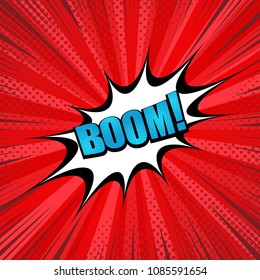Comic page red template with blue Boom inscription white speech cloud halftone and rays effects on radial background. Vector illustration