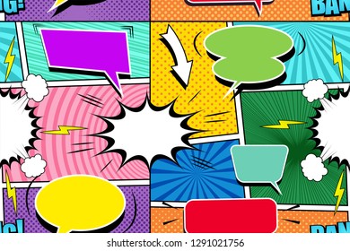 Comic page seamless pattern with colorful speech bubbles clouds Bang wording arrow lightnings sound and humor effects. Vector illustration