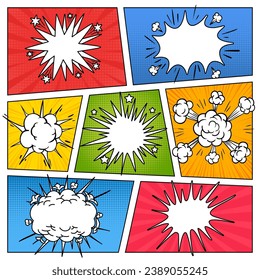 Comic-Seite mit Sprachblase. Cartoon leere Wolken und Dialogblasen auf buntem Hintergrund. Superhero-Szene mit Halftone und Radialeffekten, Explosion. Vektorvorlage. Humor-Magazin