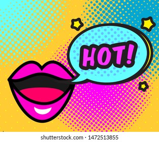 Comic page. Speech bubble, woman lips and text hot. Vector banner in pop art retro style for advertisement