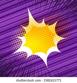 Comic page template with blank speech bubbles halftone rays slanted lines effects on purple background. Vector illustration