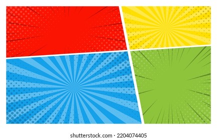 Comic page template with frames with radial and halftone effects
