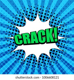 Comic page template with green Crack wording, white speech bubble, black halftone on blue radial humor effects. Vector illustration