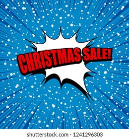 Comic page winter advertising template with red Christmas Sale inscription white blot snow and rays effects on blue background. Vector illustration