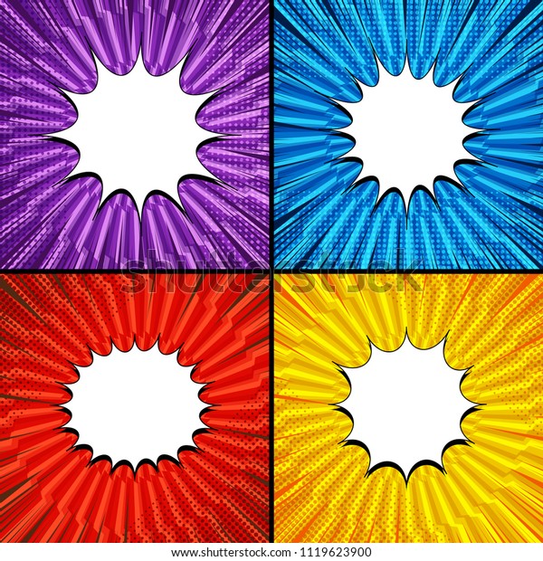 Comic pages collection\
with blank white speech bubbles rays radial spiral lightnings\
halftone humor effects on purple blue red yellow backgrounds.\
Vector illustration