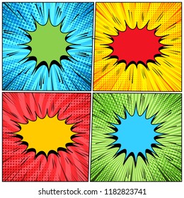 Comic pages collection with colorful speech bubbles sound radial rays and halftone effects. Vector illustration