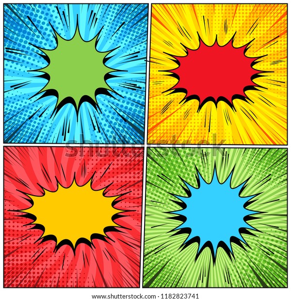 Comic pages\
collection with colorful speech bubbles sound radial rays and\
halftone effects. Vector\
illustration